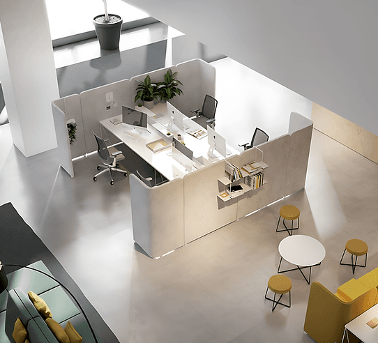 Furniture layout rendering for a modern workspace